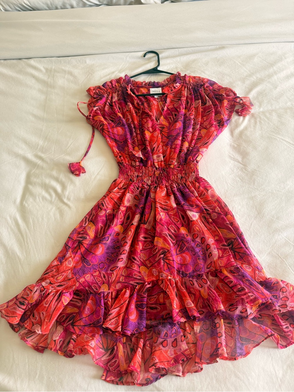Red Paisley Mini Dress with Smocked Waist.